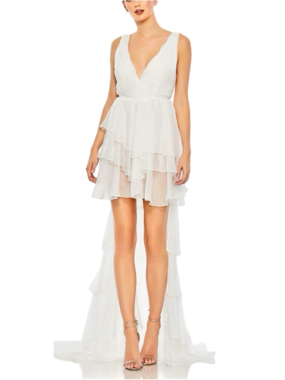 NWT IEENA for Mac Duggal White Chiffon High-Low Ruffle Dress with Bodysuit